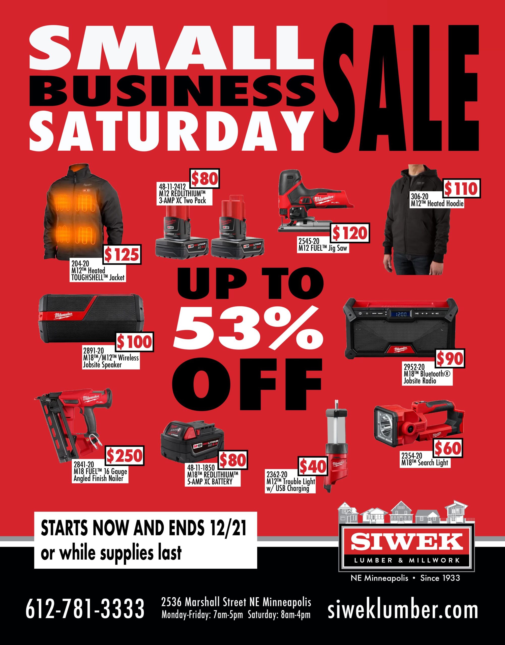 milwaukee small business saturday sale in ne minneapolis now throughdecemebr 21 2024 at siwek lumber and millwork corp - ne mplas